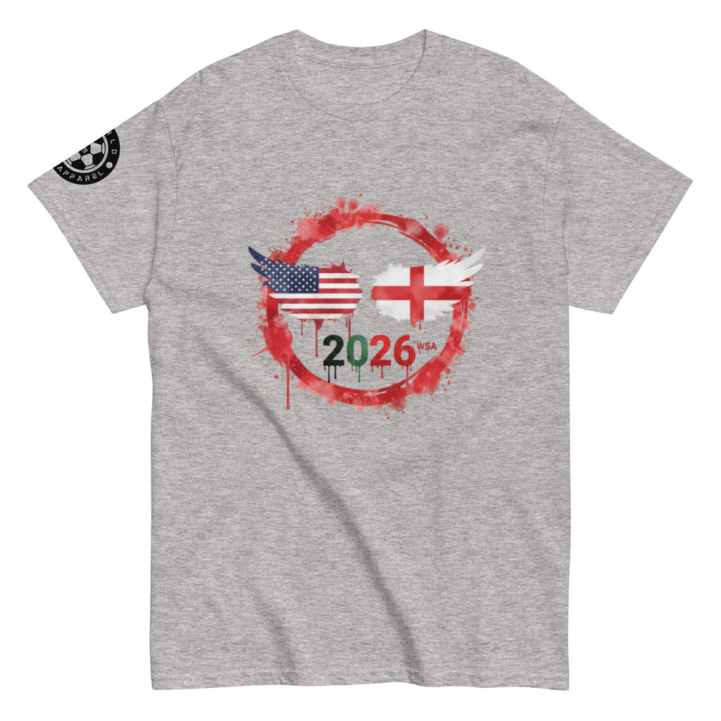 Gray t-shirt with American and English flags and '2026' printed on a white background
