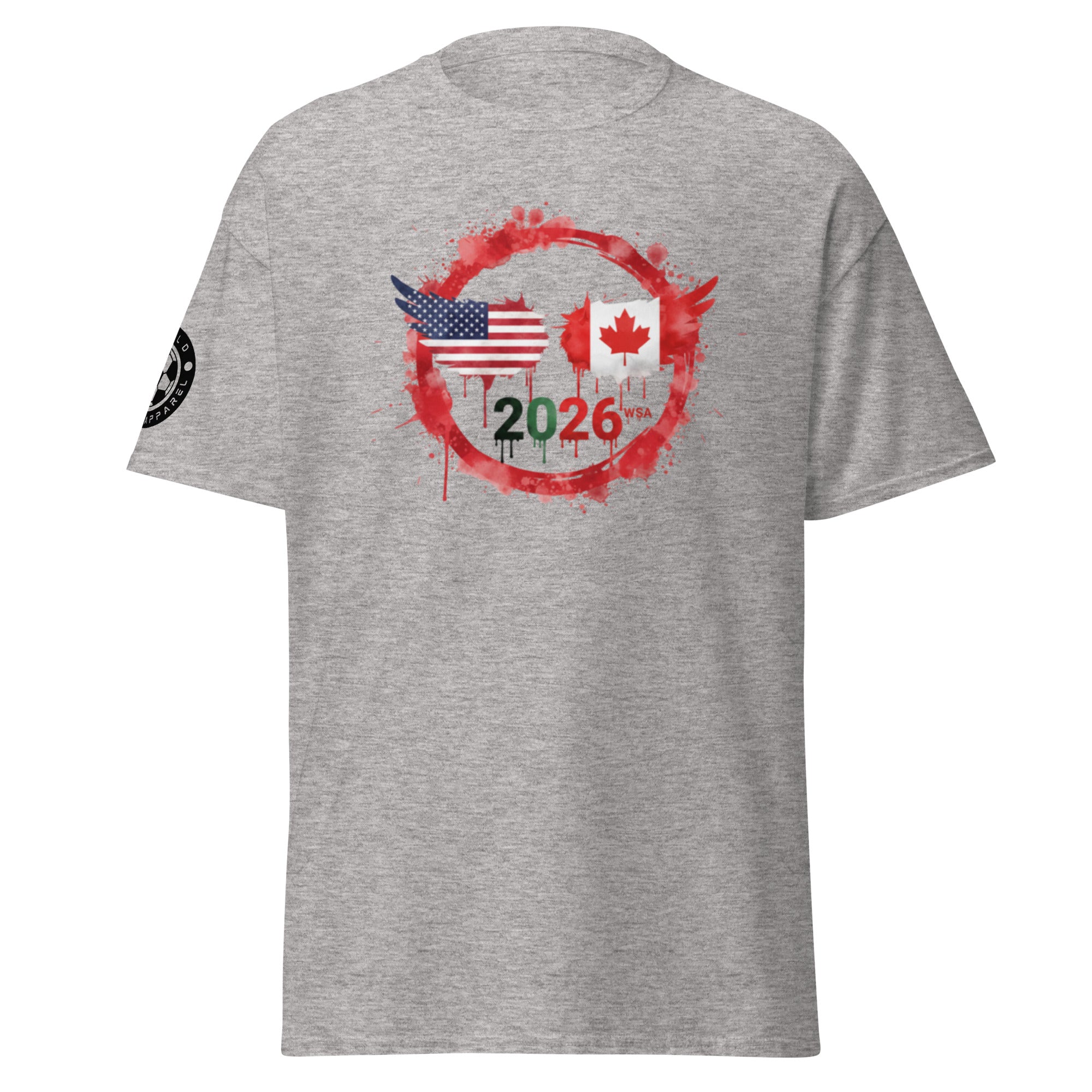 Gray t-shirt with a graphic design featuring American and Canadian flags and the year 2026 on a white background.