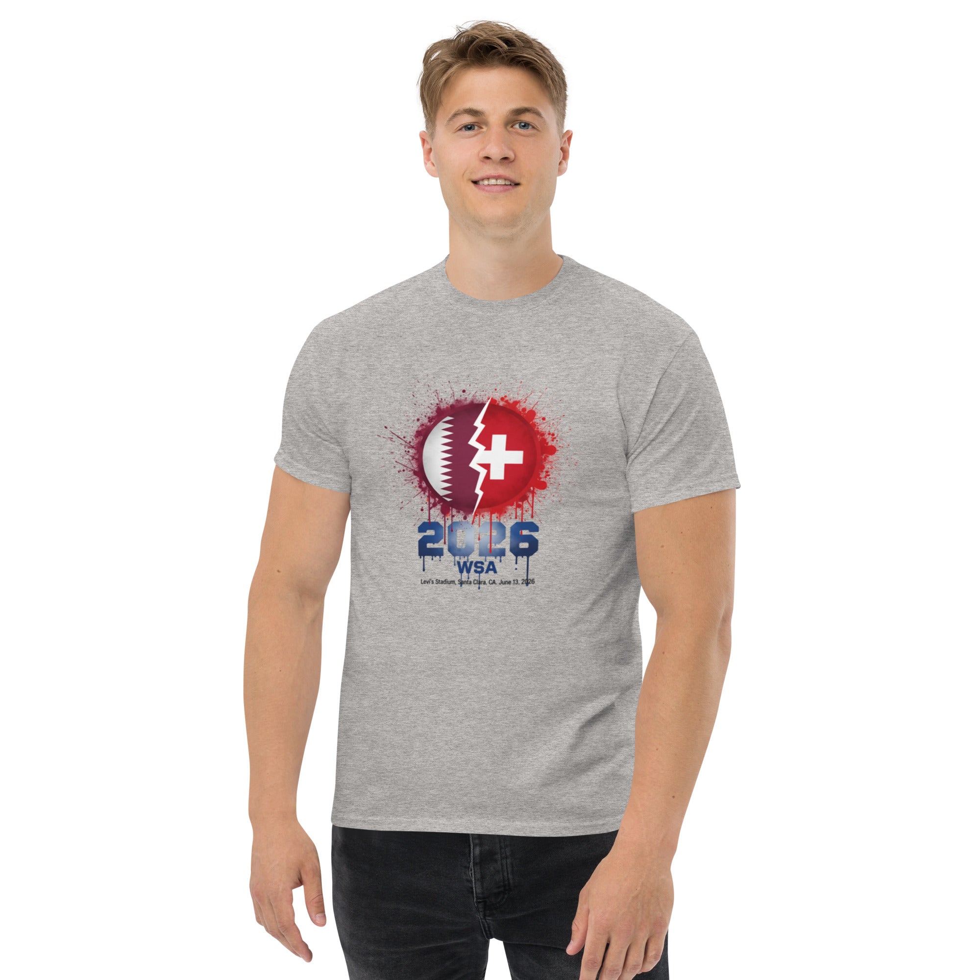 Person wearing a gray t-shirt with a graphic design on a white background