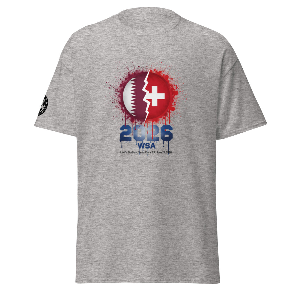 Gray t-shirt with a graphic design featuring a logo and text on a white background