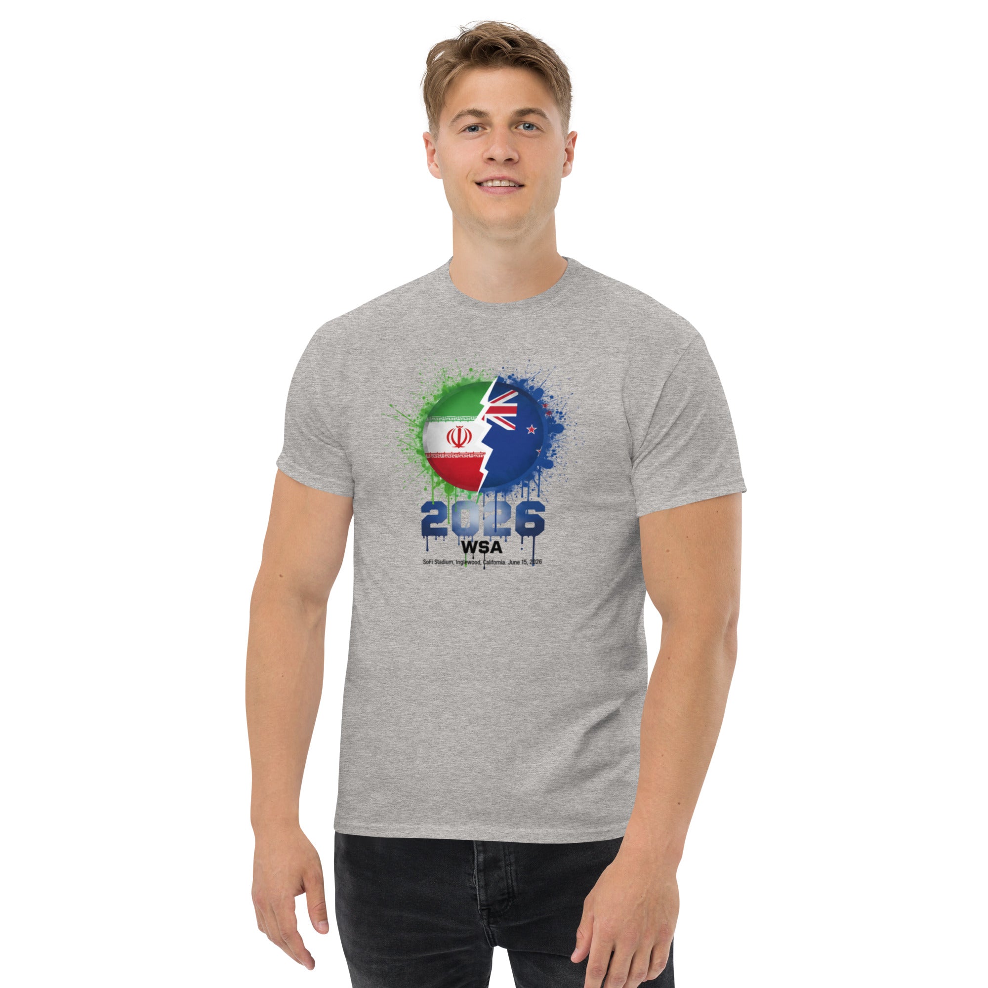 Person wearing a gray t-shirt with a colorful design and text on a white background