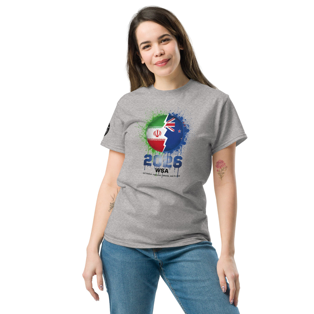 Woman wearing a gray t-shirt with a colorful design and text on a white background