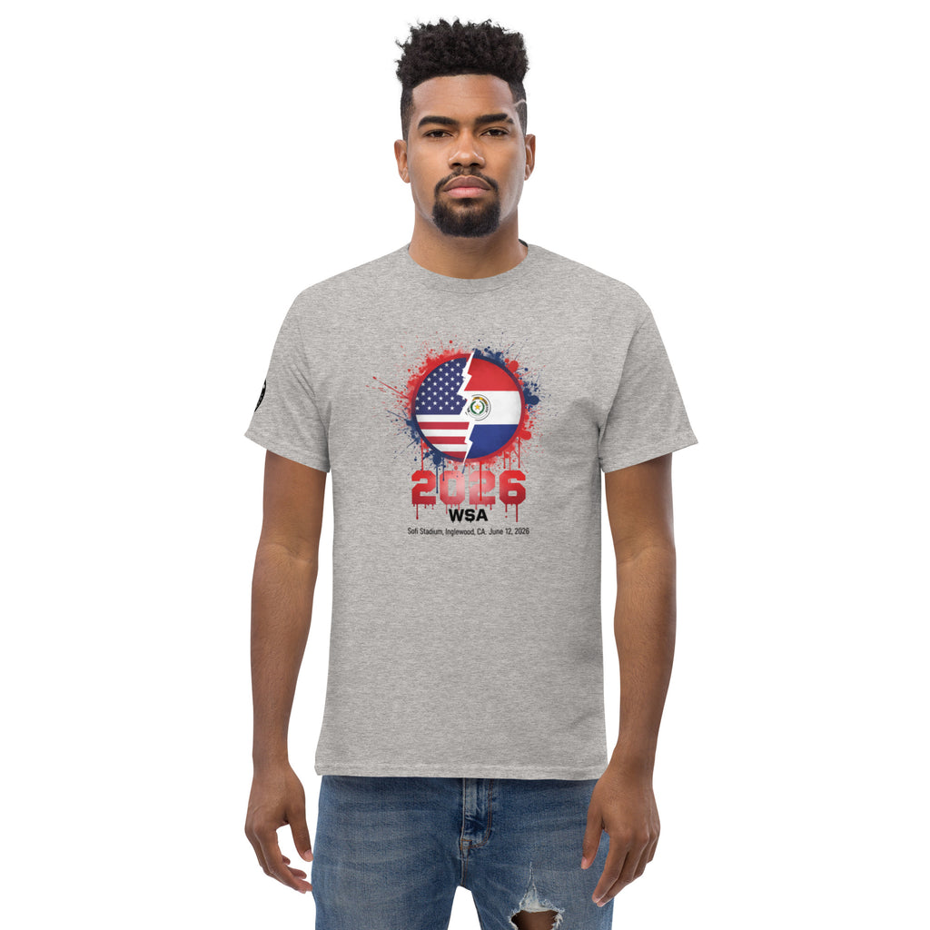 Man wearing a gray t-shirt with a colorful graphic design on a white background