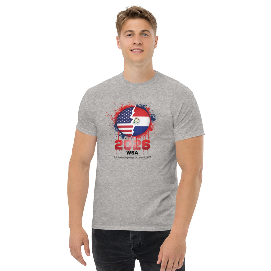 Person wearing a gray t-shirt with a colorful graphic design on a white background