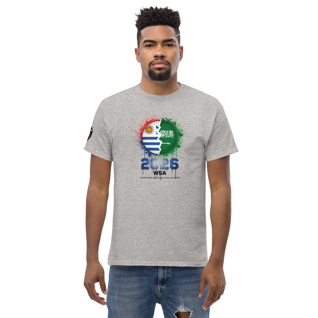 Man wearing a gray t-shirt with a colorful graphic design on a white background