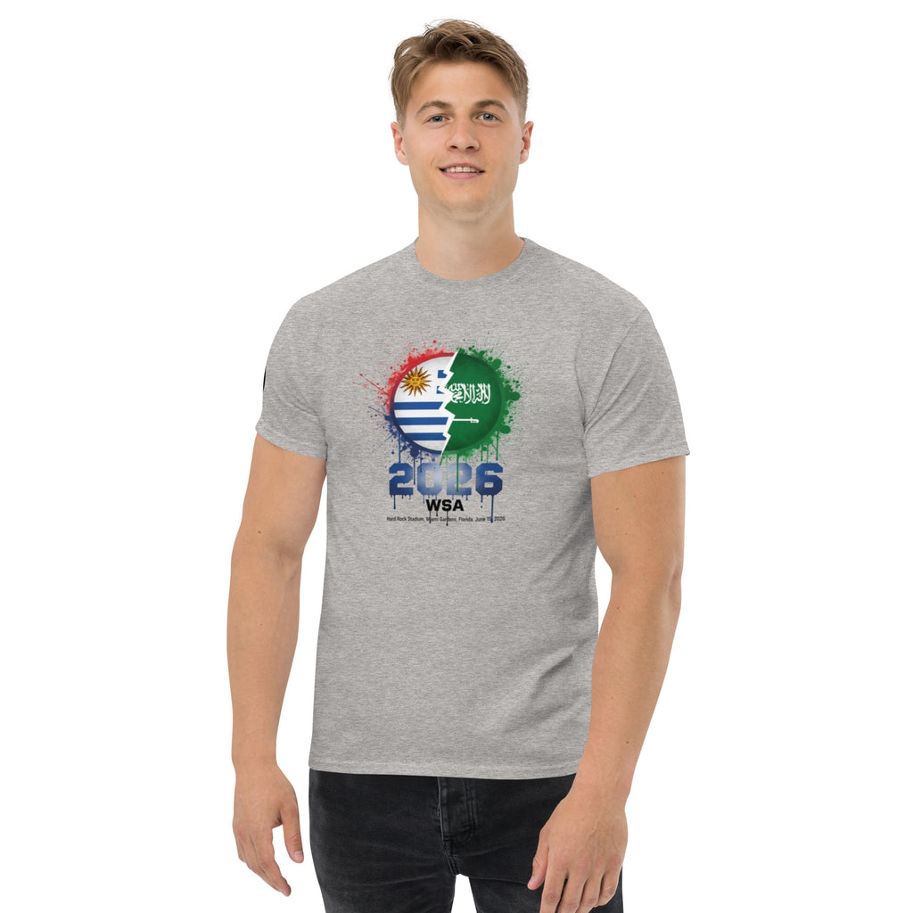 Person wearing a gray t-shirt with a colorful graphic design on a white background