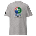 Gray t-shirt with a colorful graphic design on a white background