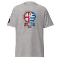 Gray t-shirt with a colorful graphic design on a white background