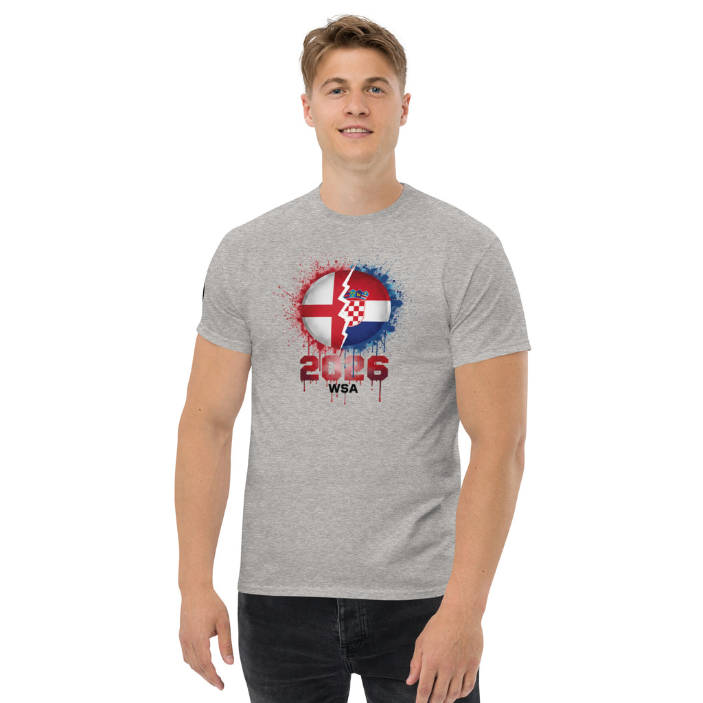 Man wearing a gray t-shirt with a graphic design on a white background