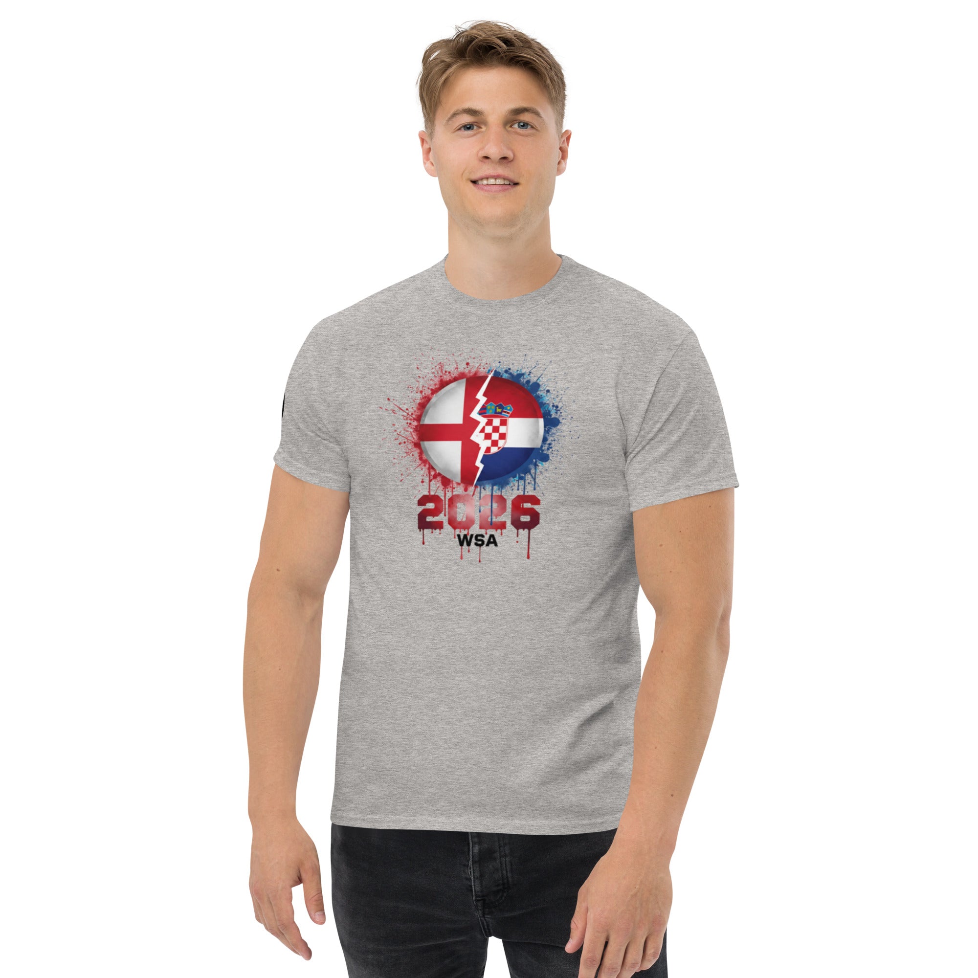 Man wearing a gray t-shirt with a graphic design on a white background