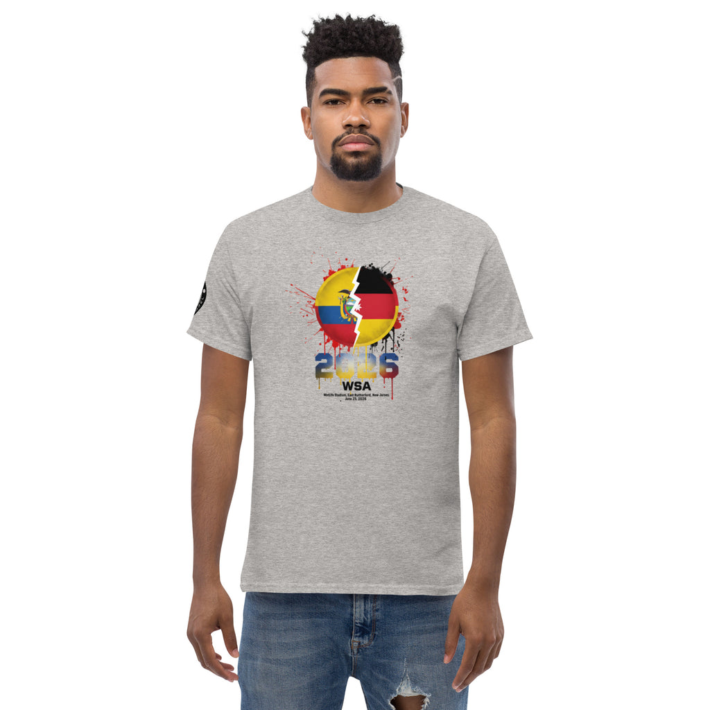 Man wearing a gray t-shirt with a colorful graphic design on a white background