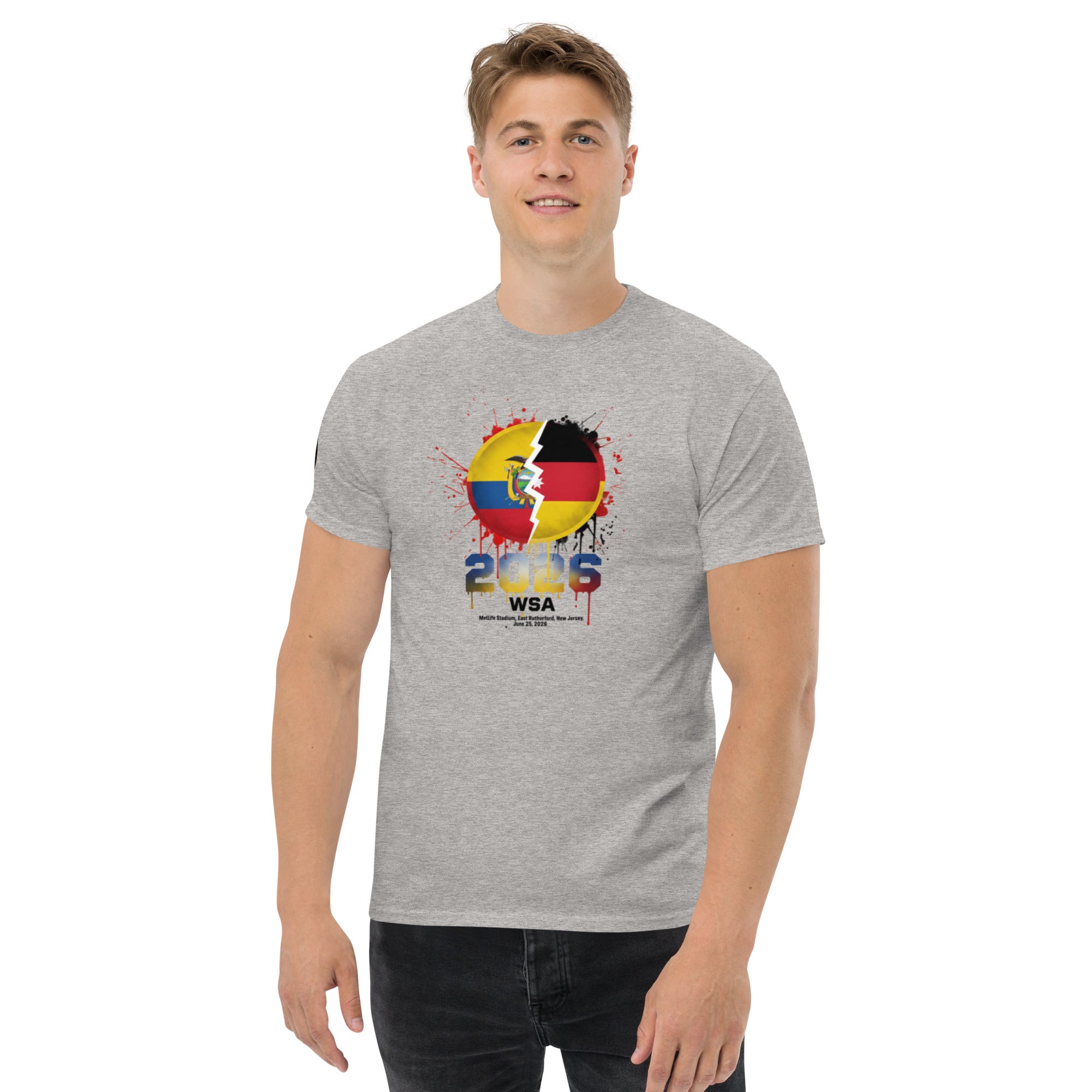 Man wearing a gray t-shirt with a colorful graphic design on a white background