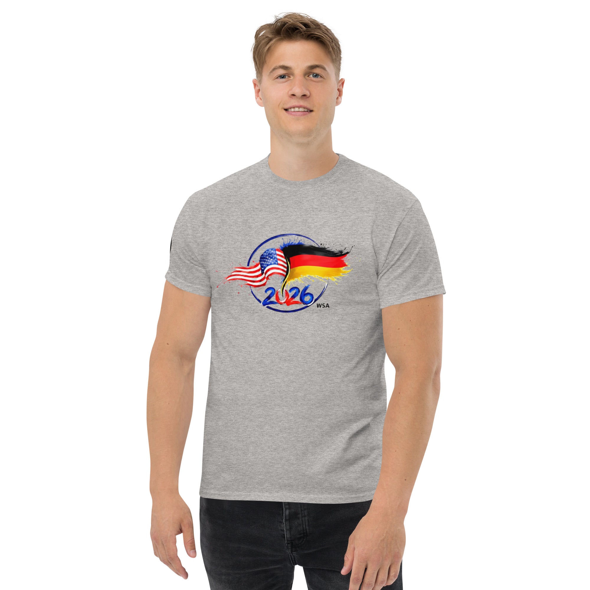 Person wearing a gray t-shirt with a graphic design on a white background