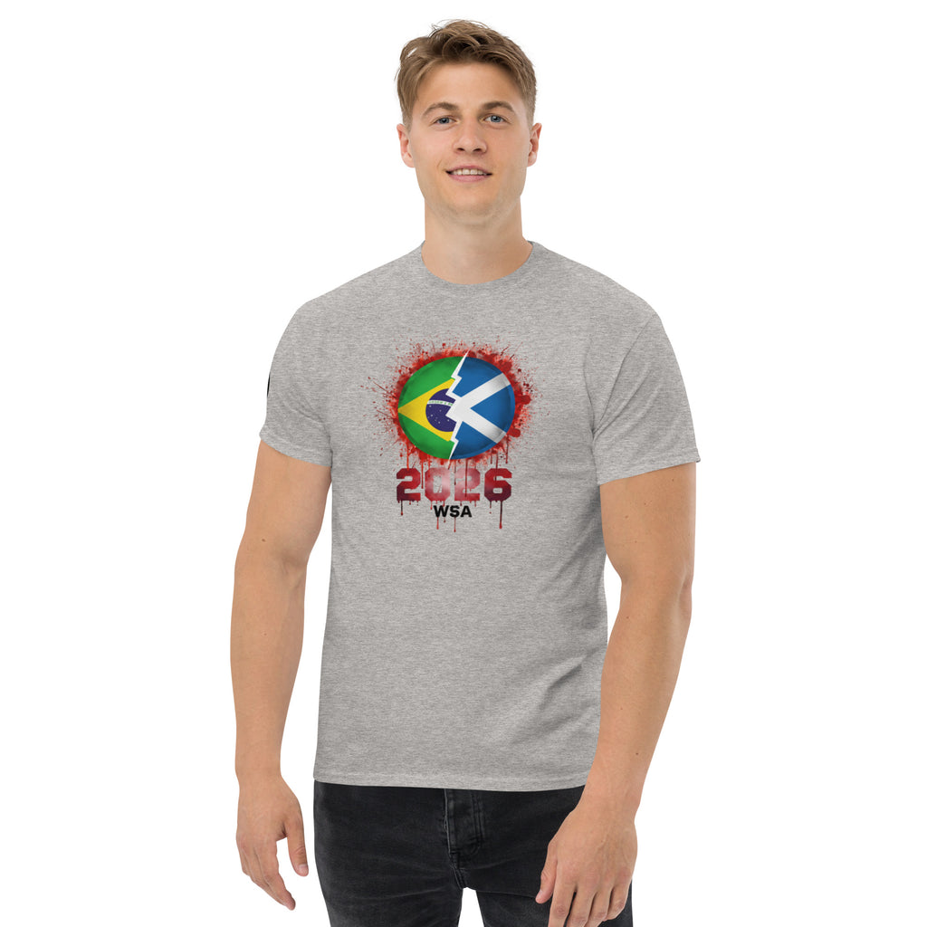Man wearing a gray t-shirt with a colorful graphic design on a white background