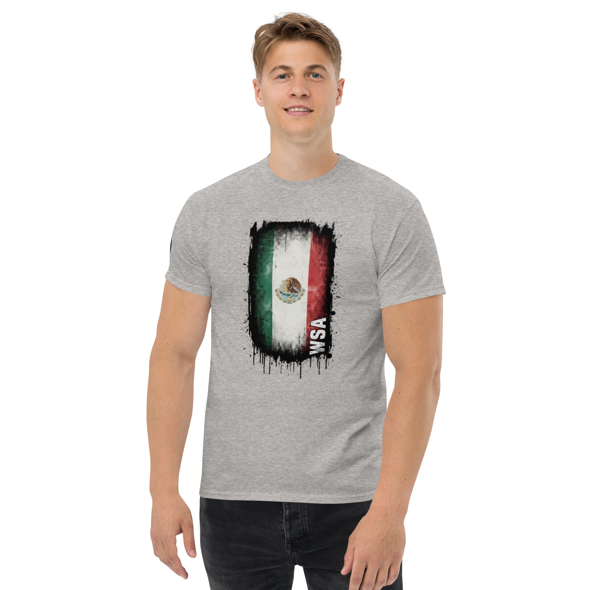 Person wearing a gray t-shirt with a graphic design on a white background