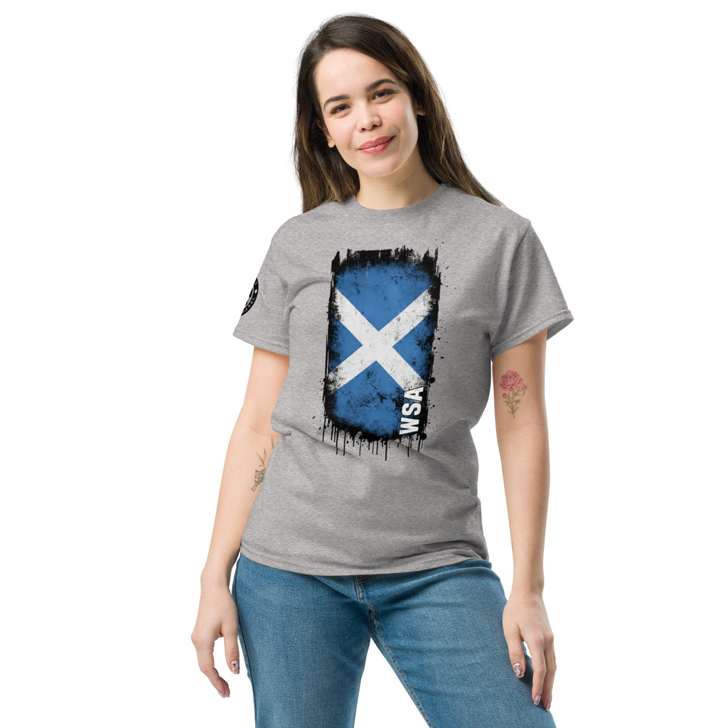 Woman wearing a gray t-shirt with a blue and white flag design on a white background