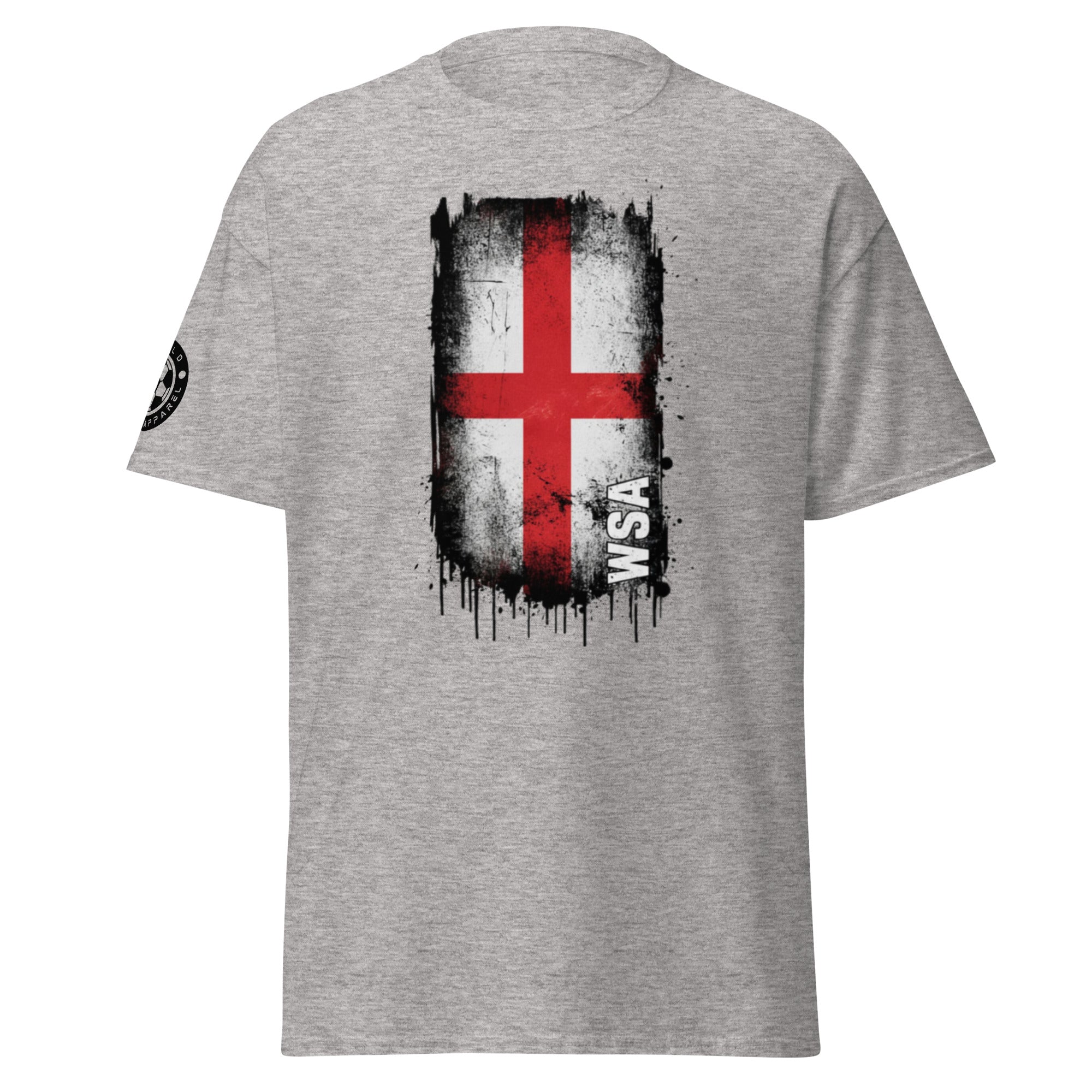 Gray t-shirt with a red cross design on a white background