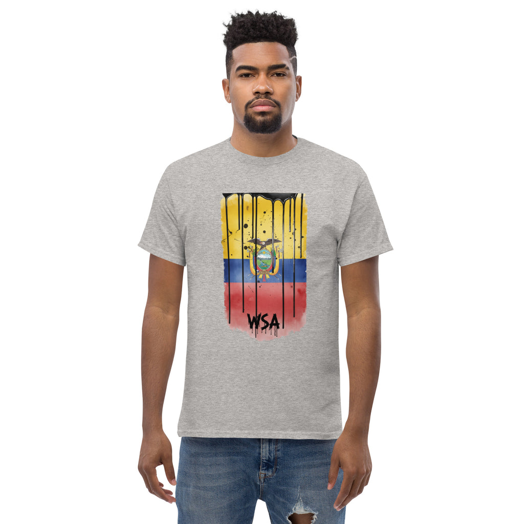 Man wearing a gray t-shirt with a colorful graphic design on a white background