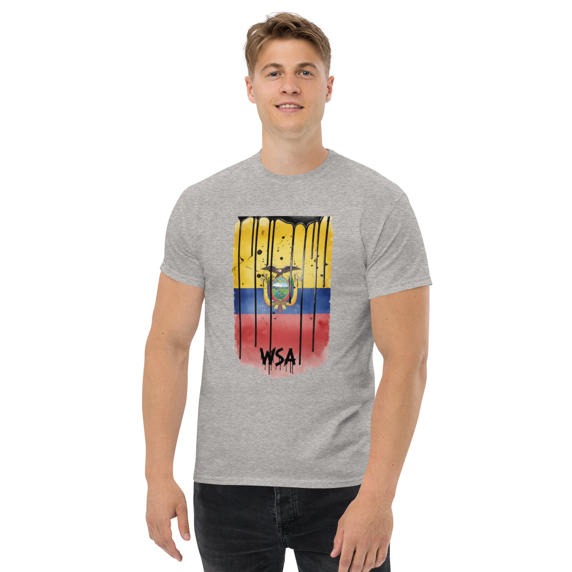Person wearing a gray t-shirt with a colorful graphic design on a white background