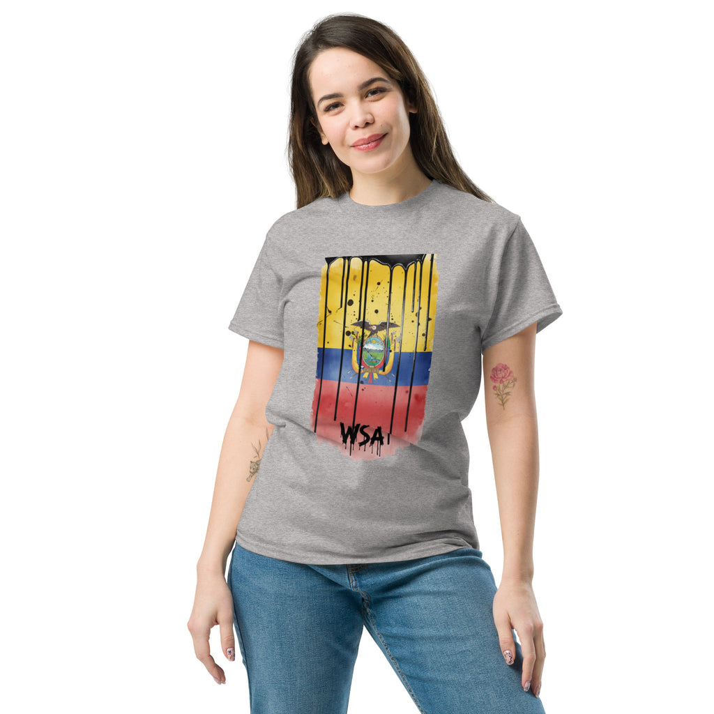 Woman wearing a gray t-shirt with a colorful graphic design on a white background