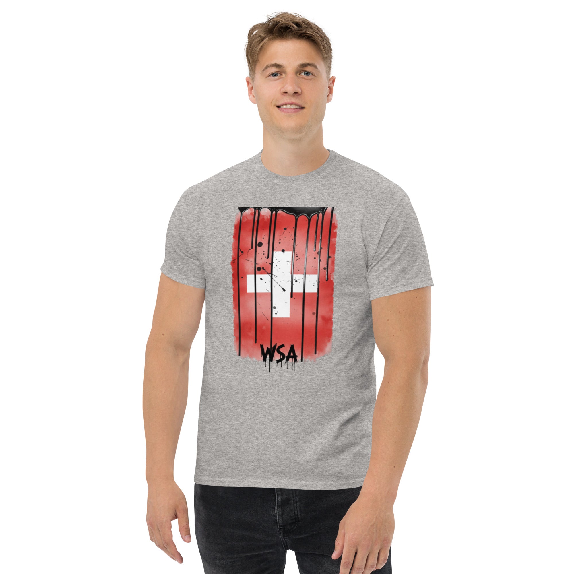 Man wearing a gray t-shirt with a red and black graphic design on a white background