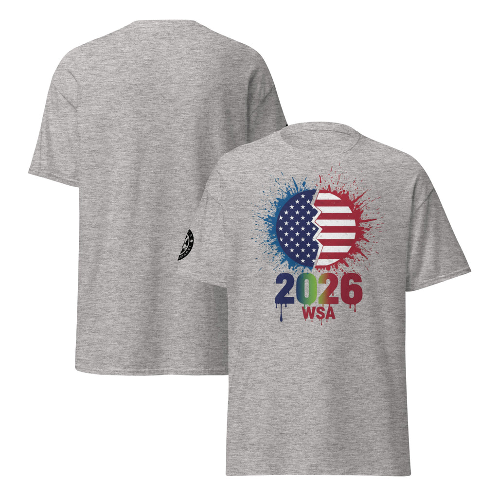 Gray t-shirt with American flag design and '2026 WSA' text on a white background