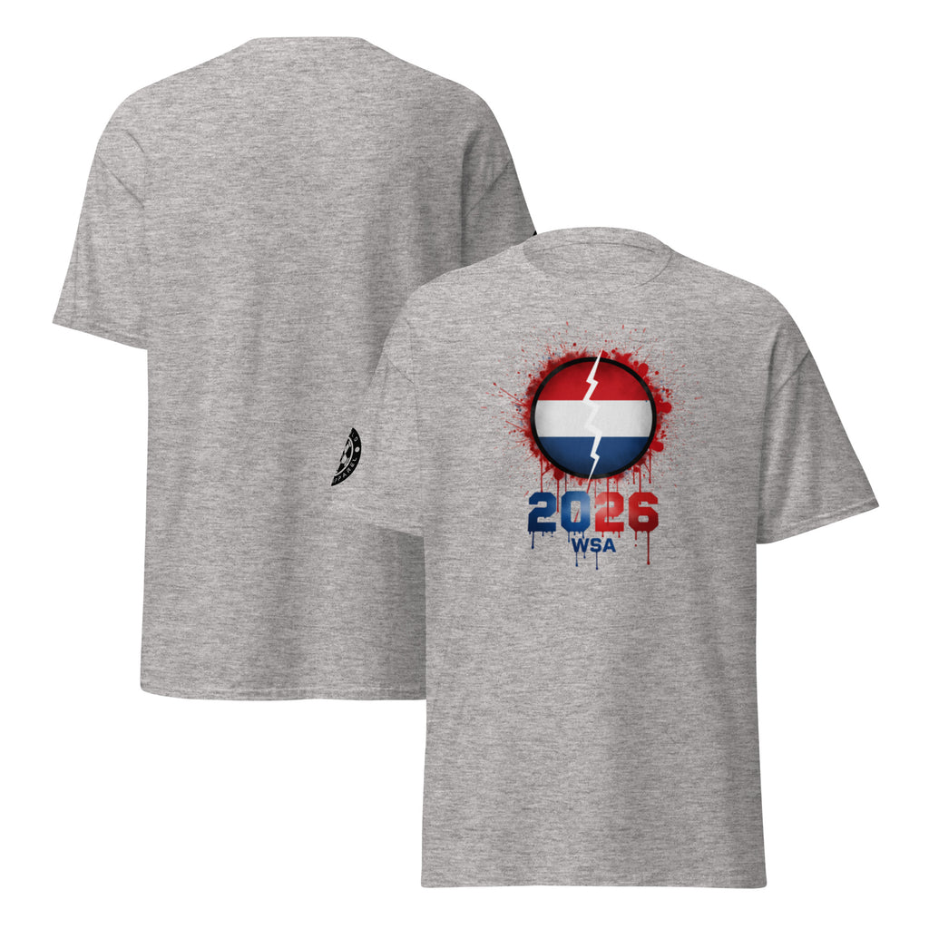 Gray t-shirt with a design on the front and back, featuring numbers and letters.