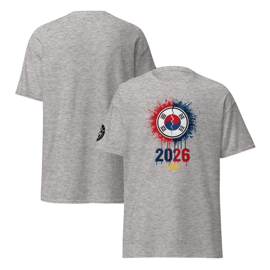 Gray t-shirt with a colorful design and '2026' text on a white background