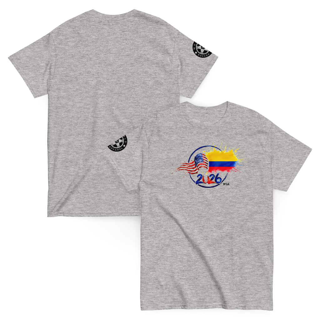 Gray t-shirt with a logo on the chest and another design on the sleeve against a white background
