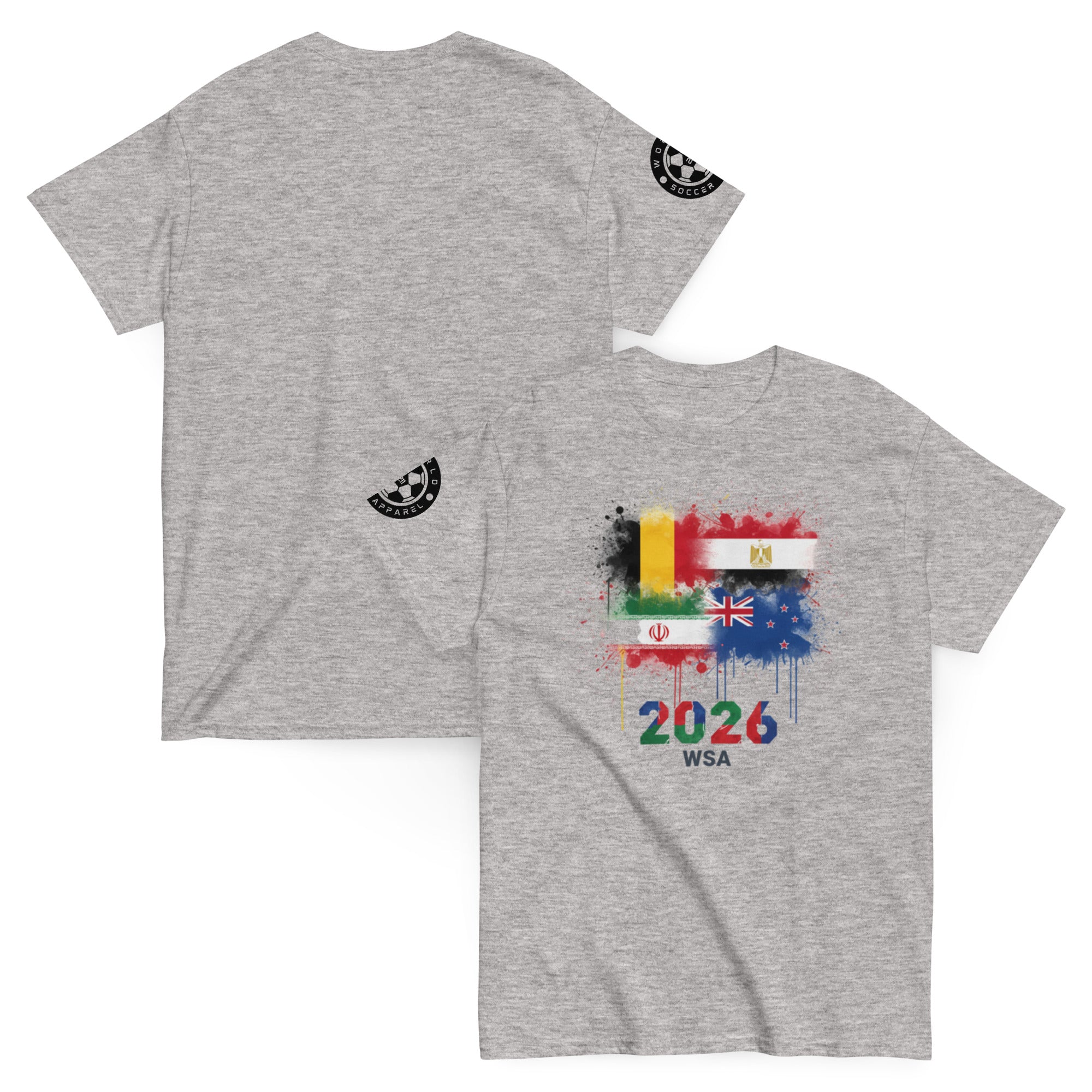 Gray t-shirt with colorful design and text on a white background