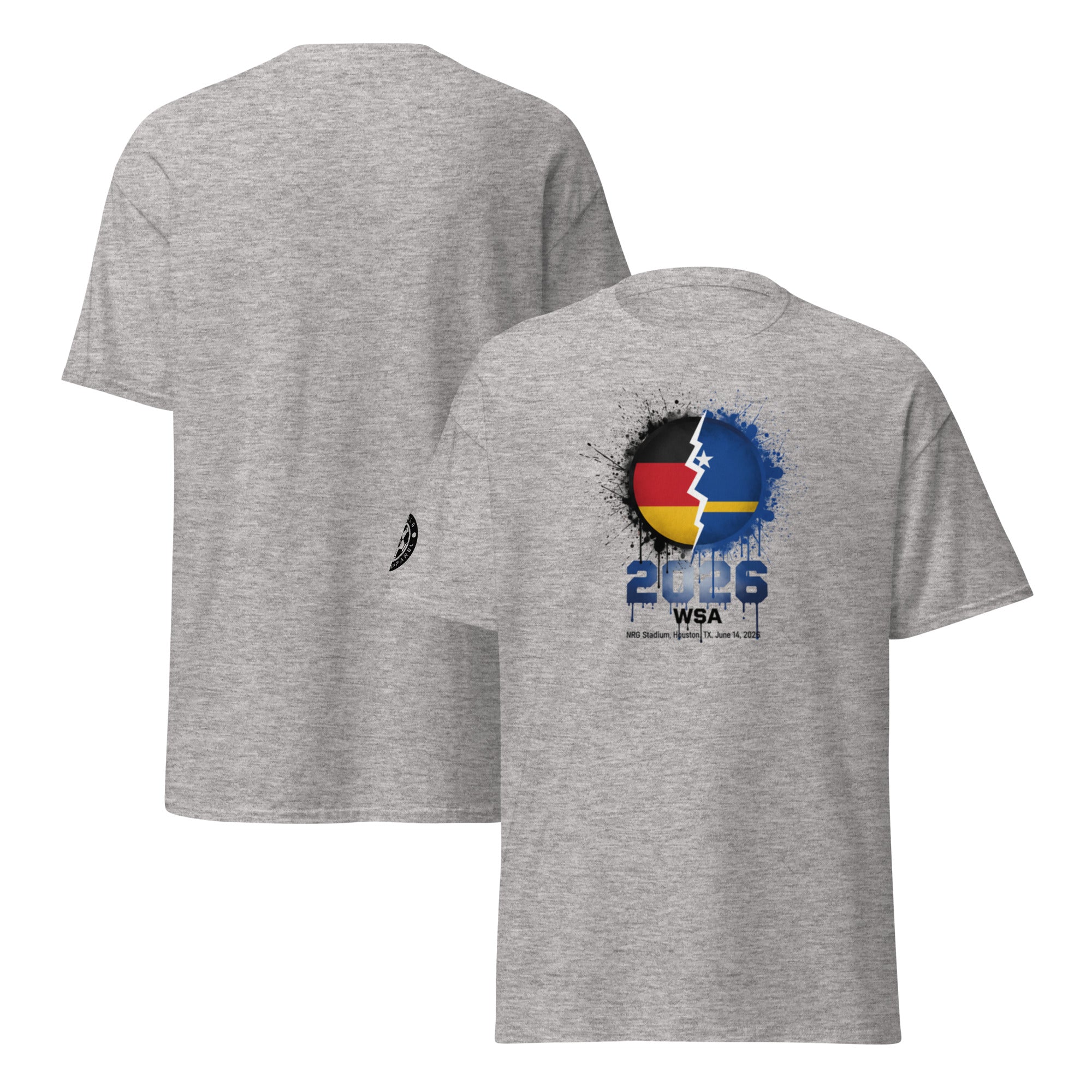 Gray t-shirt with a colorful graphic design on the front, displayed from front and back views.