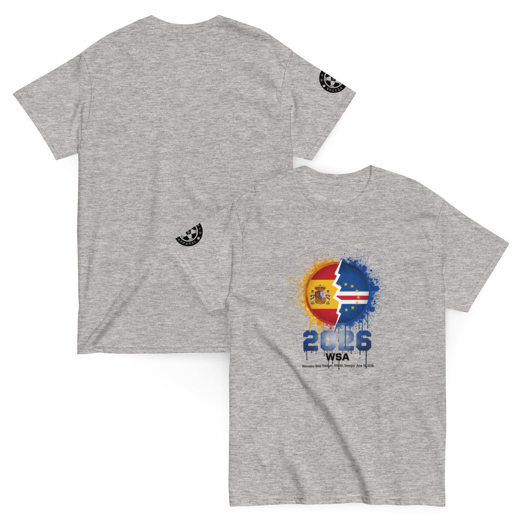 Gray t-shirt with a graphic design on the front and back on a white background