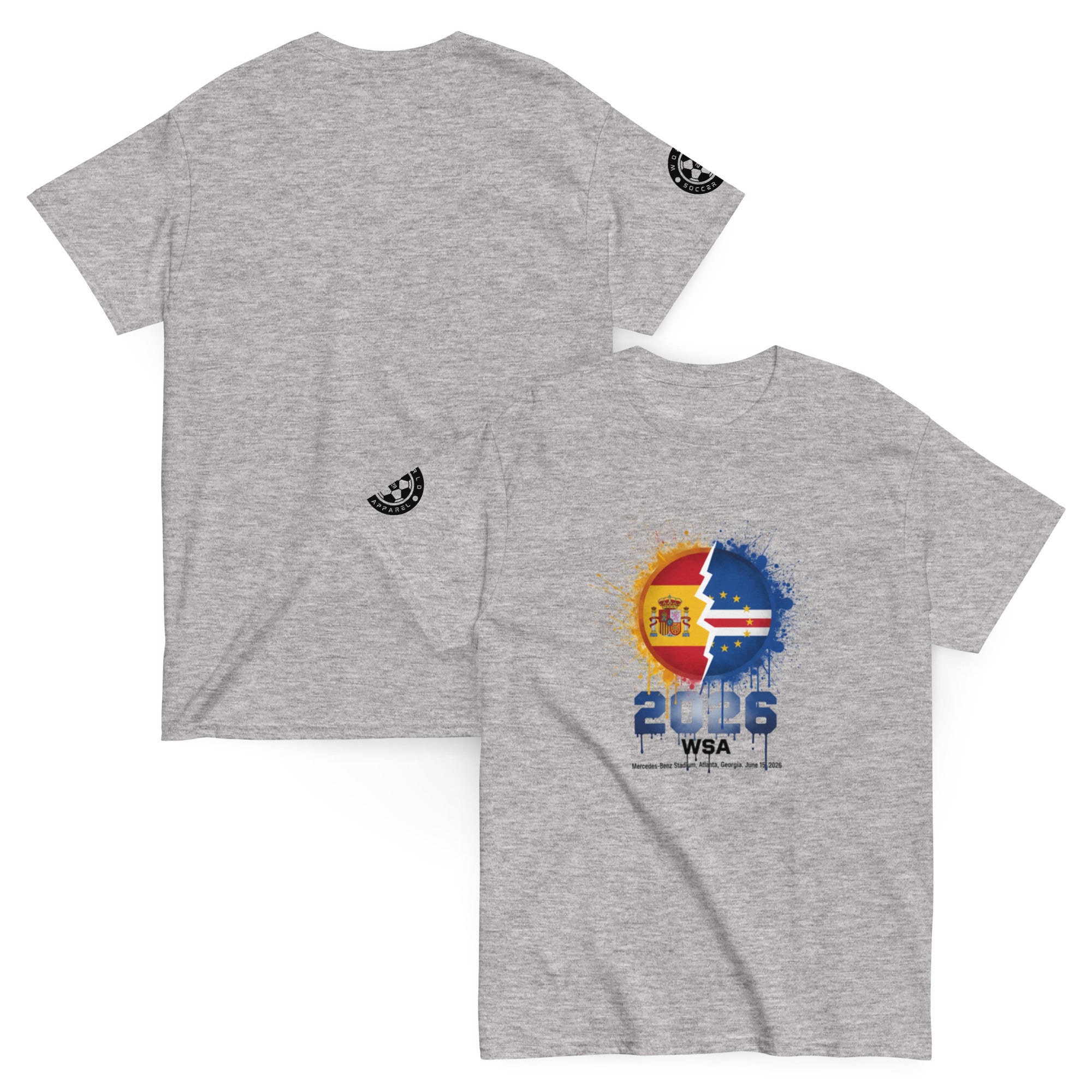 Gray t-shirt with a graphic design on the front and back on a white background