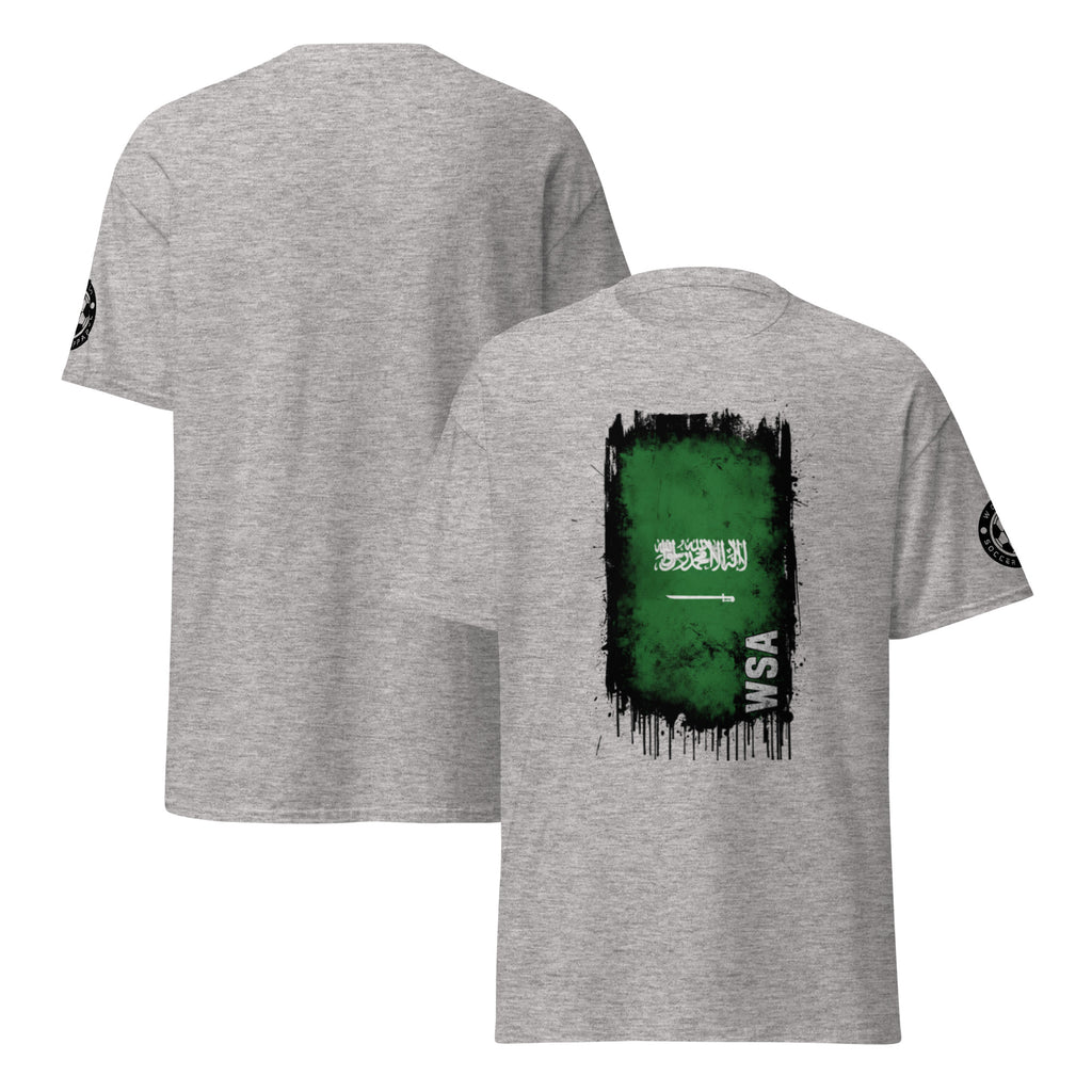 Gray t-shirt with a green and white graphic on the back, displayed from front and back views.