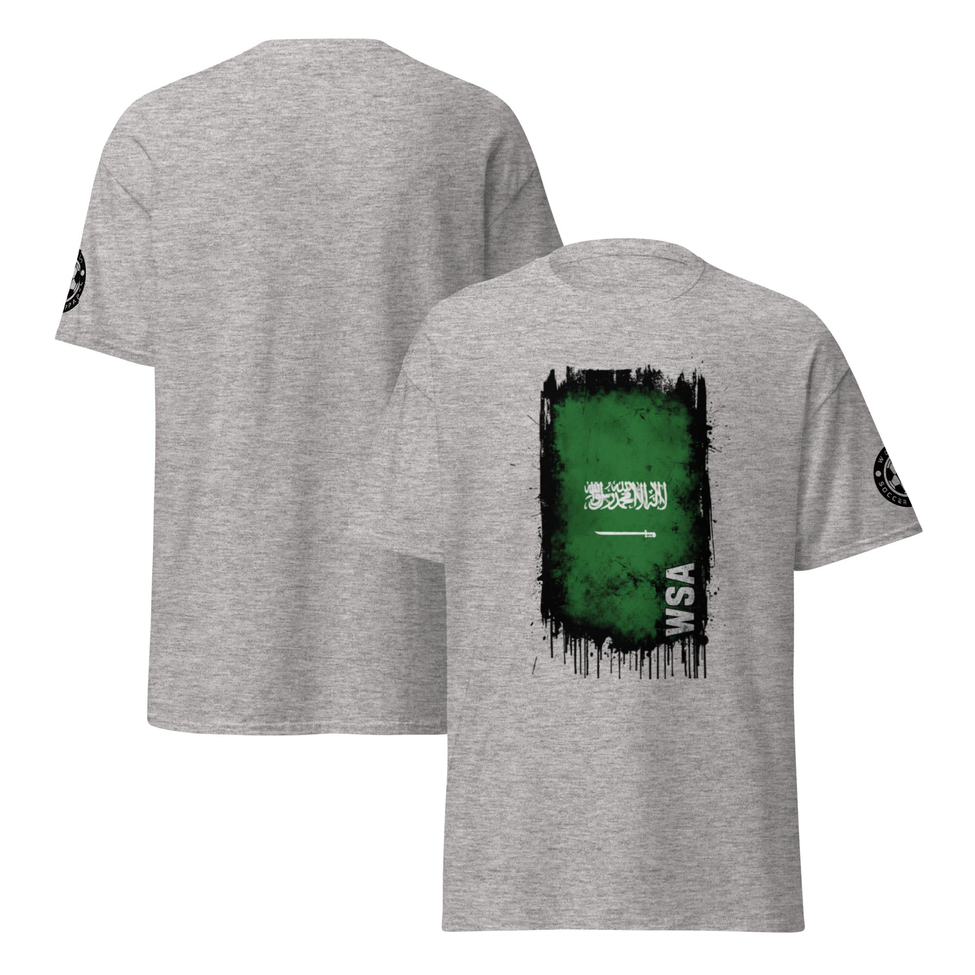 Gray t-shirt with a green and white graphic on the back, displayed from front and back views.