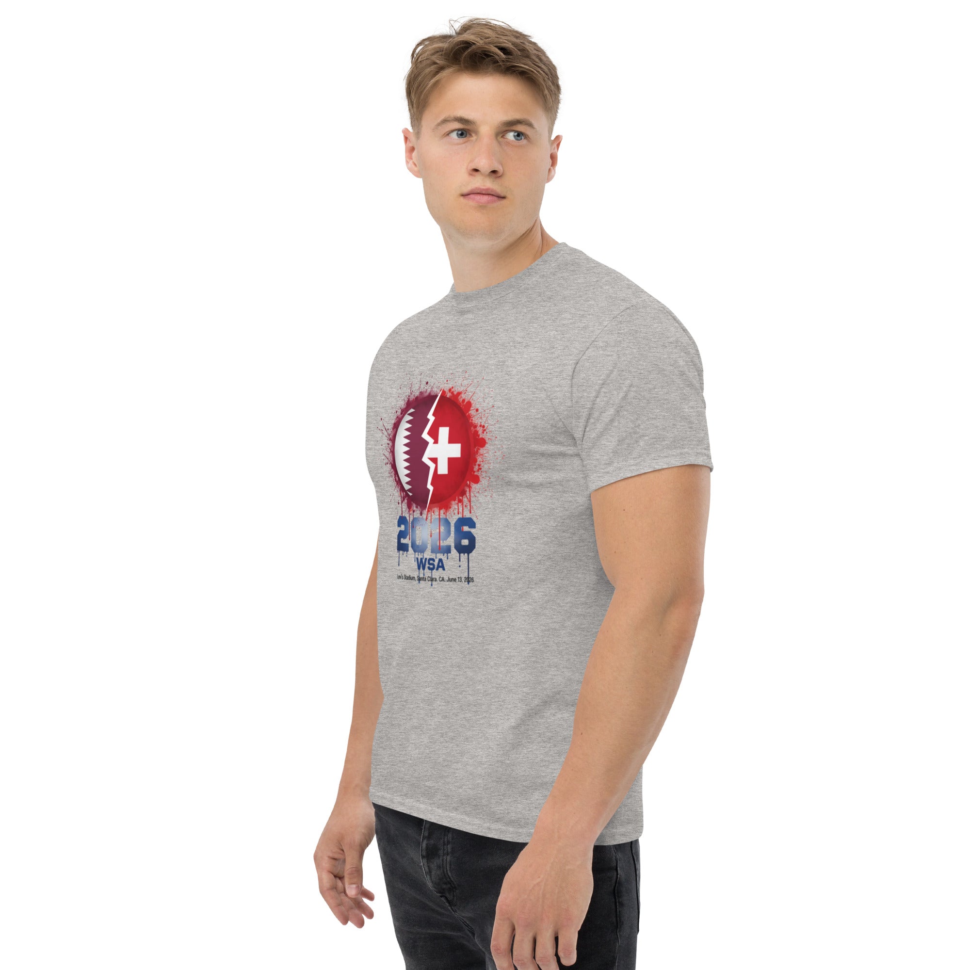 Man wearing a gray t-shirt with a football design on a white background
