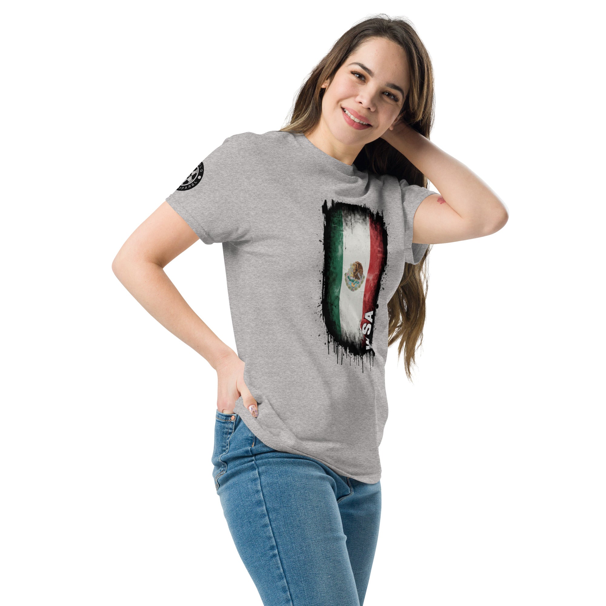 Woman wearing a gray t-shirt with a Mexican flag design on a white background