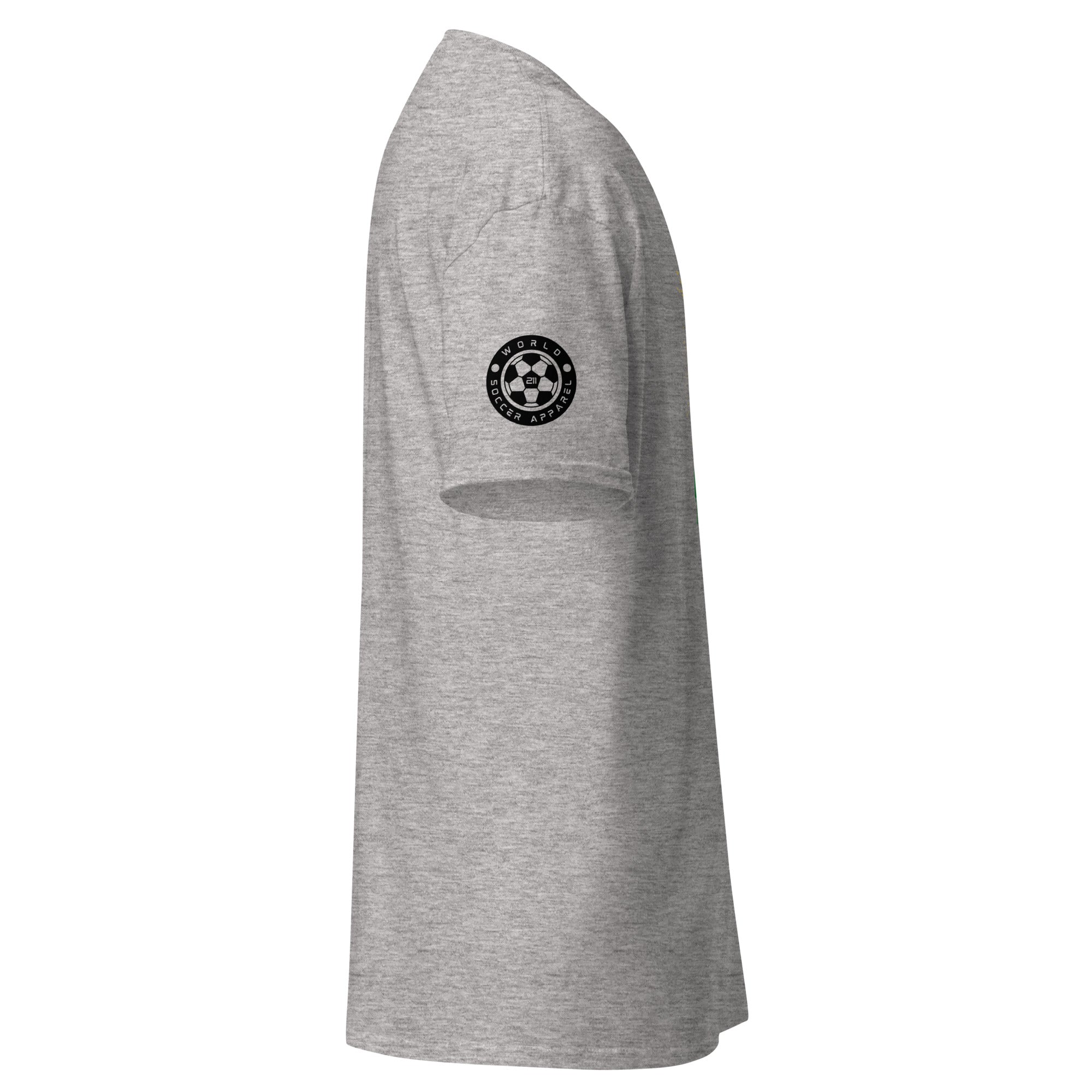 Gray t-shirt with a logo on the sleeve against a white background