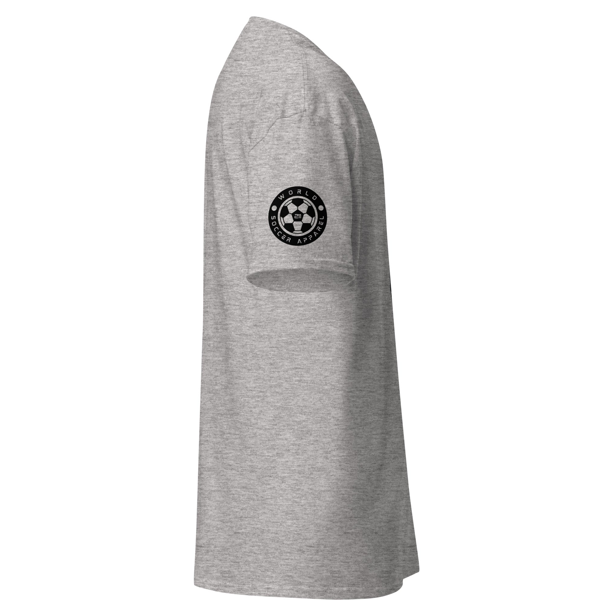 Gray t-shirt with a black logo on the sleeve against a white background