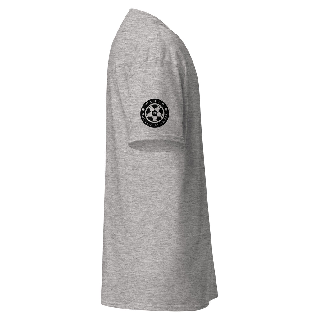 Gray t-shirt with a black logo on the sleeve against a white background
