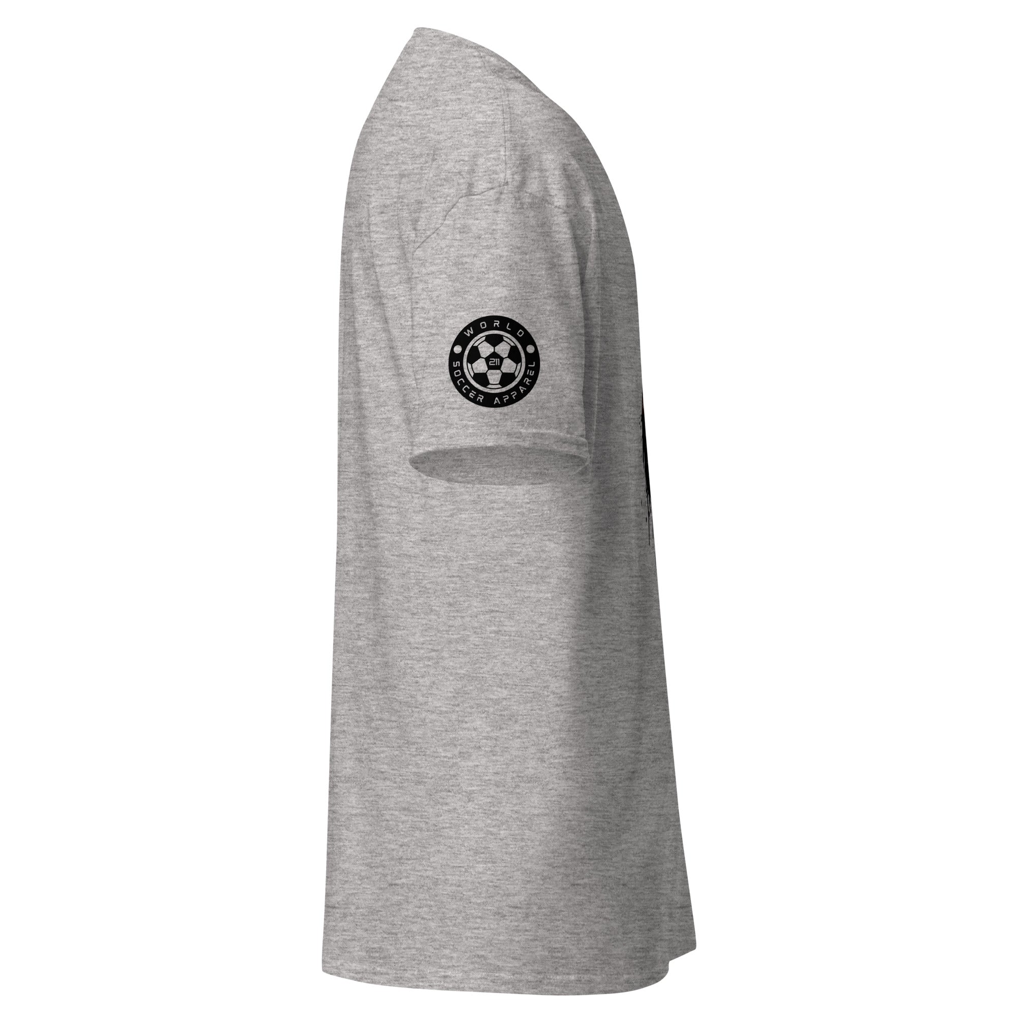 Gray t-shirt with a black logo on the sleeve against a white background