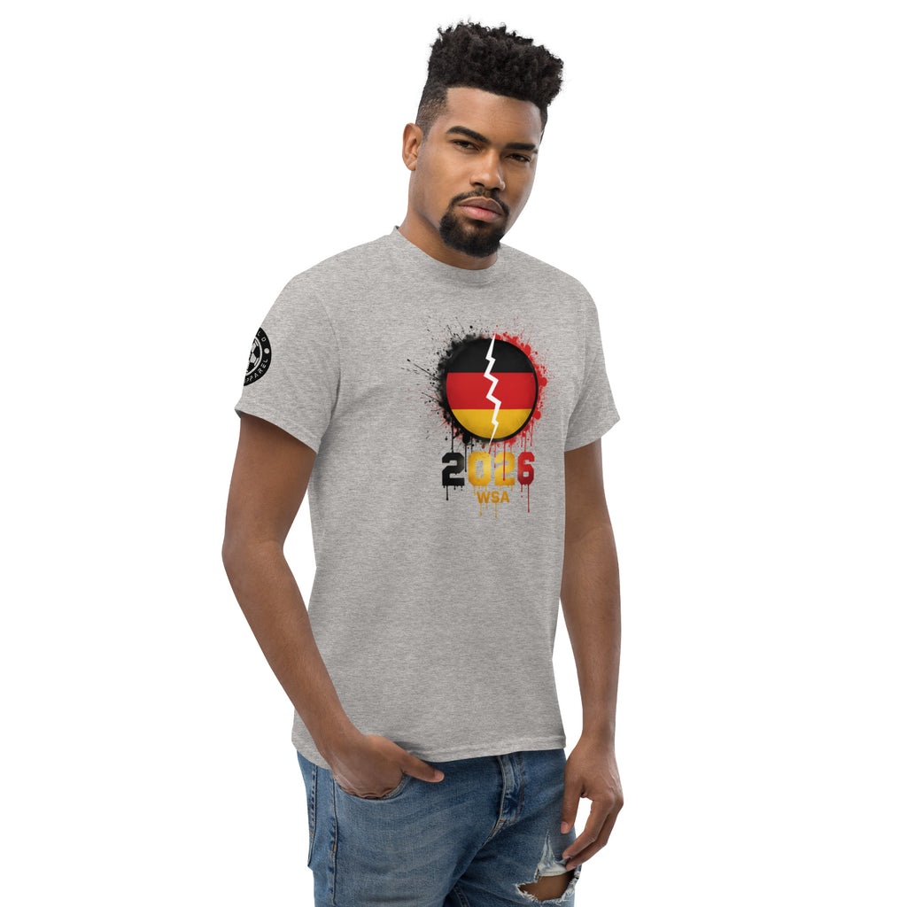 Man wearing a gray t-shirt with a graphic design on a white background