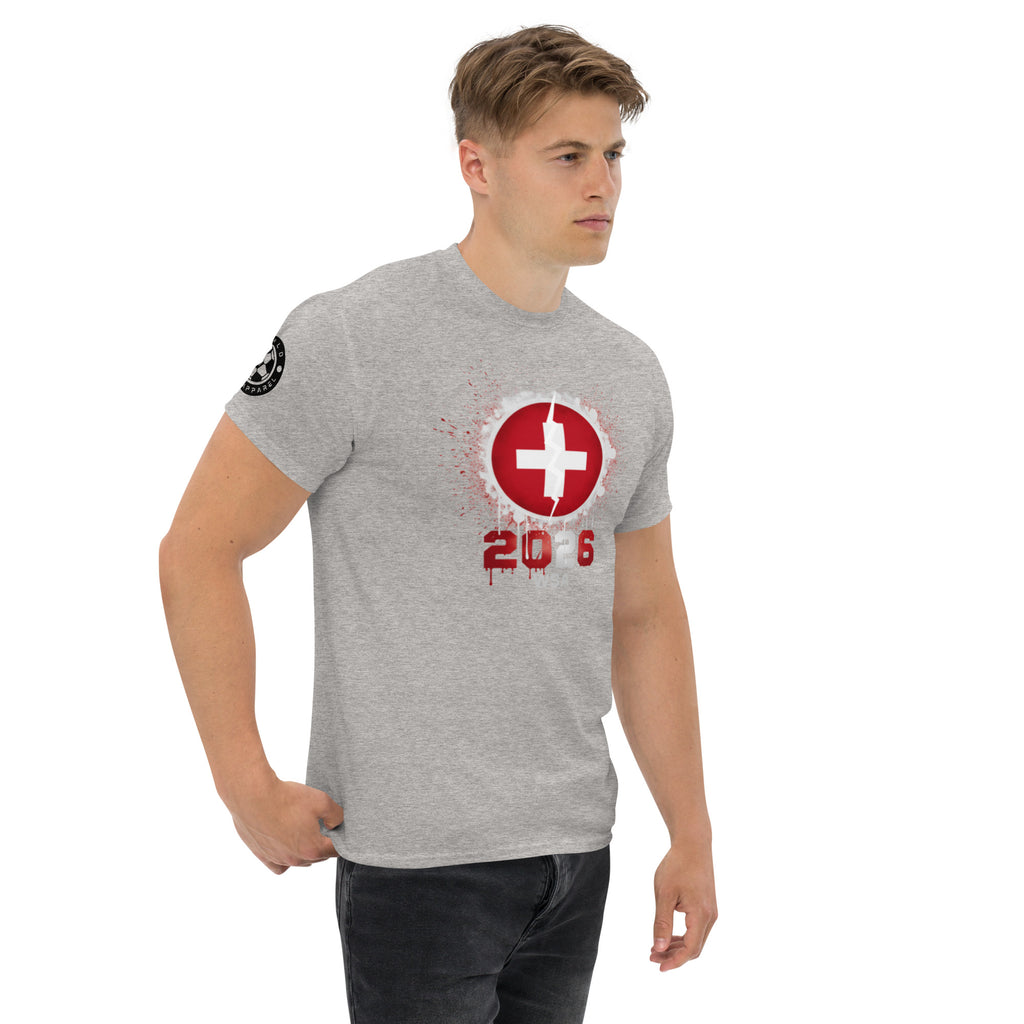 Man wearing a gray t-shirt with a red and white graphic design on a white background