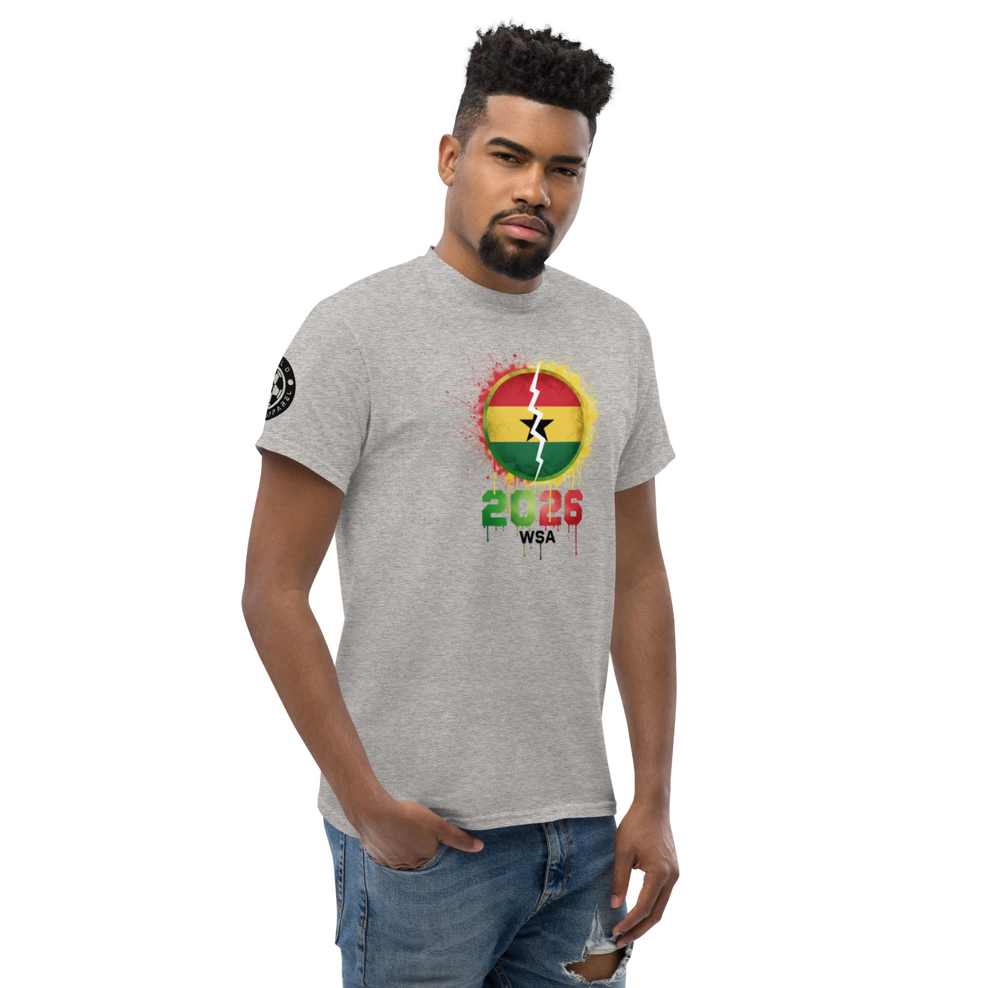 Man wearing a gray t-shirt with a colorful graphic design on a white background