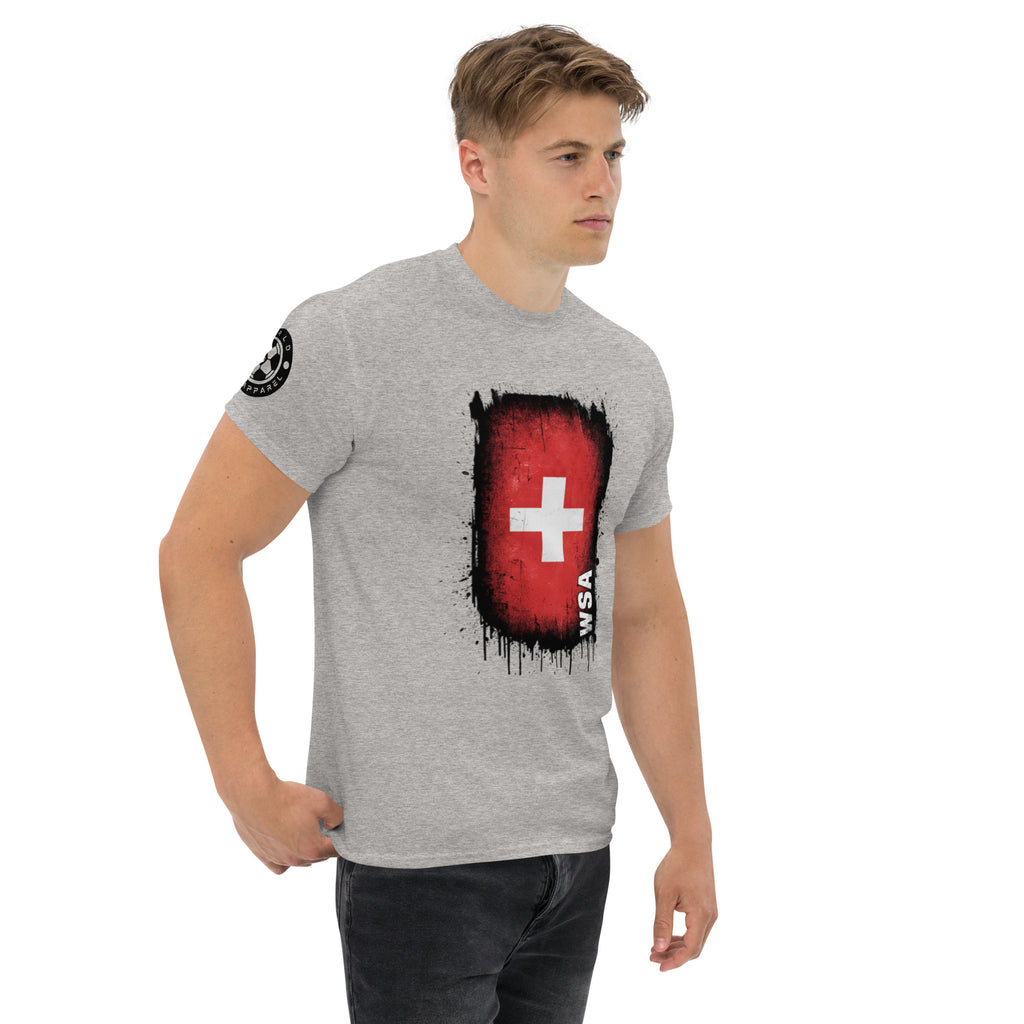 Man wearing a gray t-shirt with a red and black graphic design on a white background