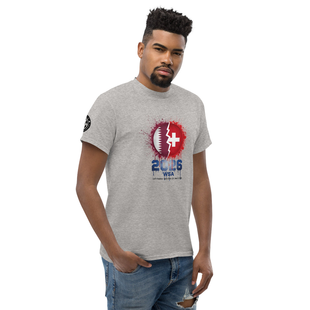 Man wearing a gray t-shirt with a graphic design on a white background