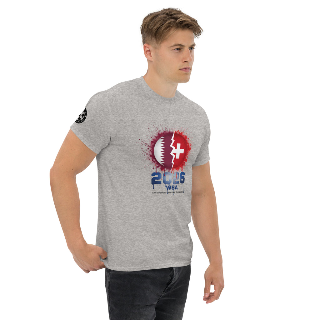 Man wearing a gray t-shirt with a graphic design on a white background