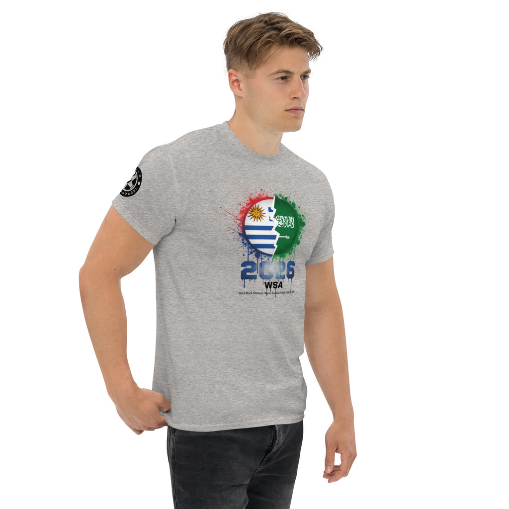 Man wearing a gray t-shirt with a colorful design and text on a white background