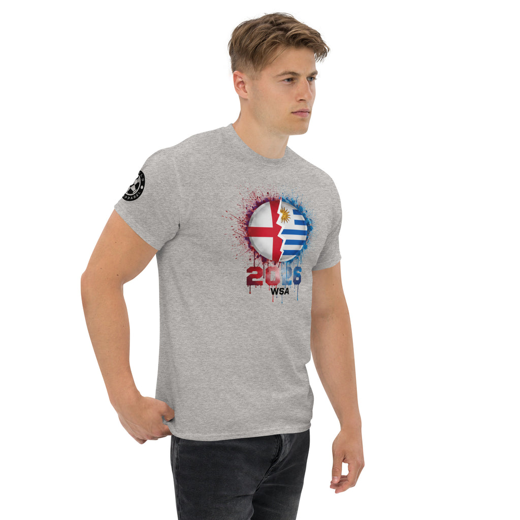 Man wearing a gray t-shirt with a colorful design on a white background