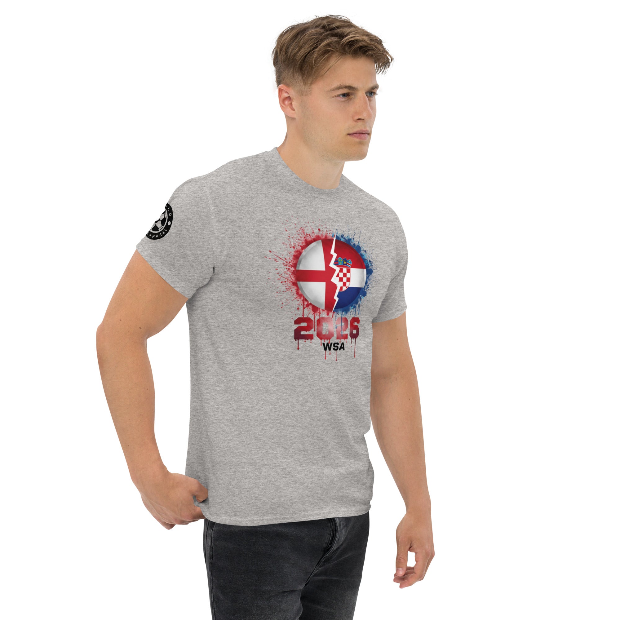 Man wearing a gray t-shirt with a colorful design and text on a white background